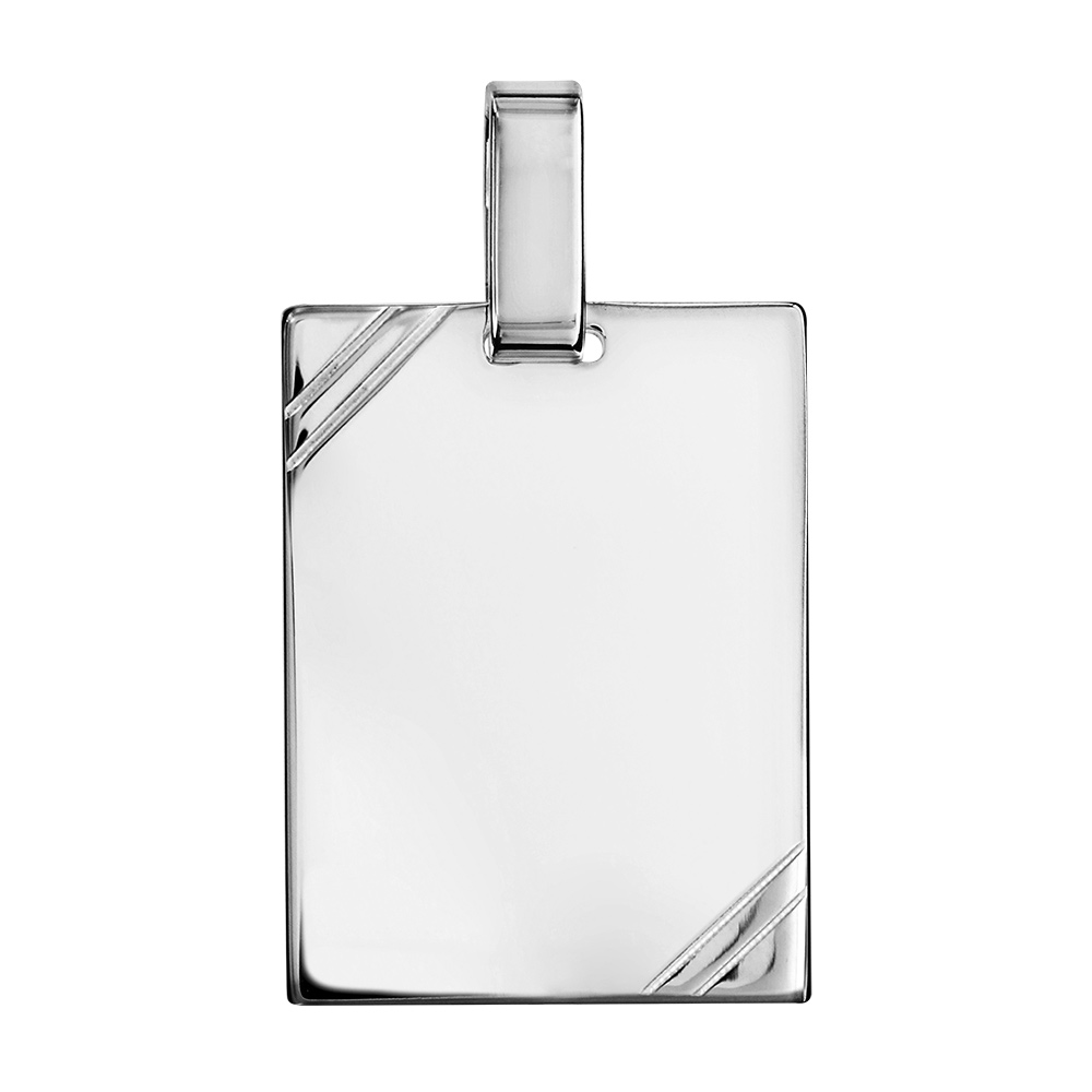 Pendentif en argent plaque G.I. rectangulaire à graver avec striures dans 2 angles - dimensions 19mm X 25mm - plaque prestige