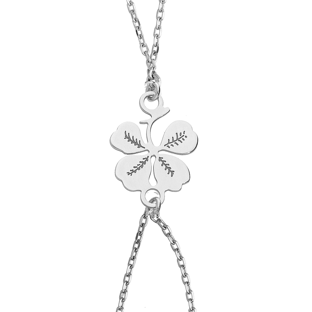 Parure de main en argent avec trèfle à 4 feuilles au croisement 15 cm +2.5 cm de rallonge
