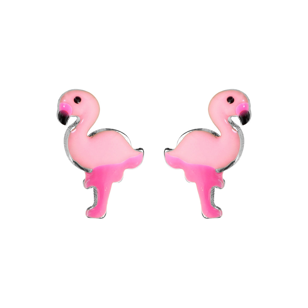 Boucles d'oreille enfant en argent rhodié flamant rose et fermoir poussette