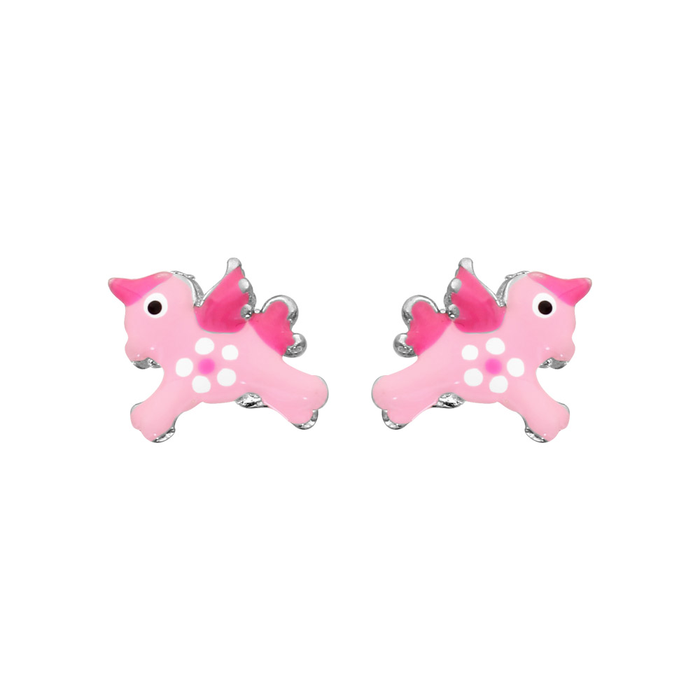 Boucles d'oreille enfant en argent rhodié licorne rose avec ailes et fermoir poussette