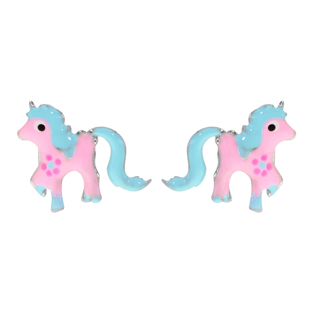 Boucles d'oreille enfant en argent rhodié poney rose et bleu avec fermoir poussette