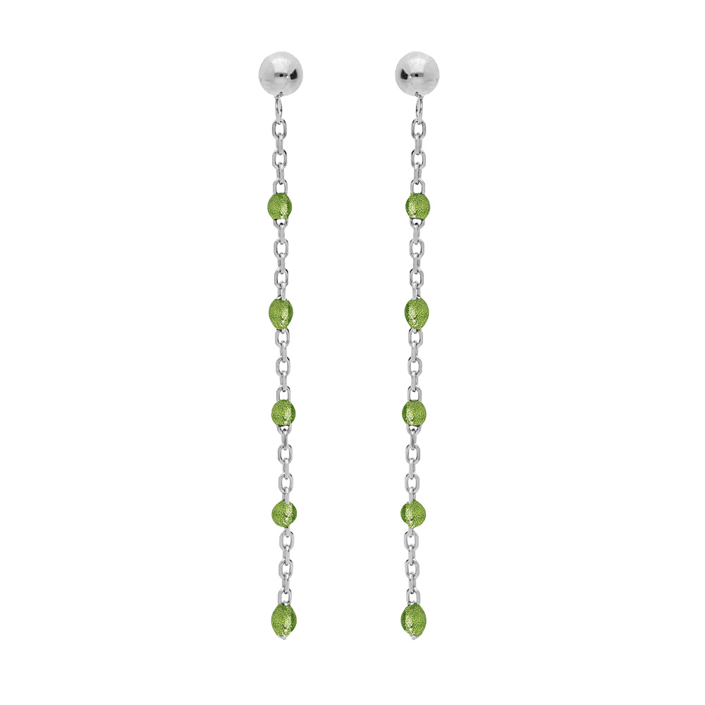 Boucles d'oreille en argent rhodié chaînette avec olives couleur vert transparent et fermoir poussette
