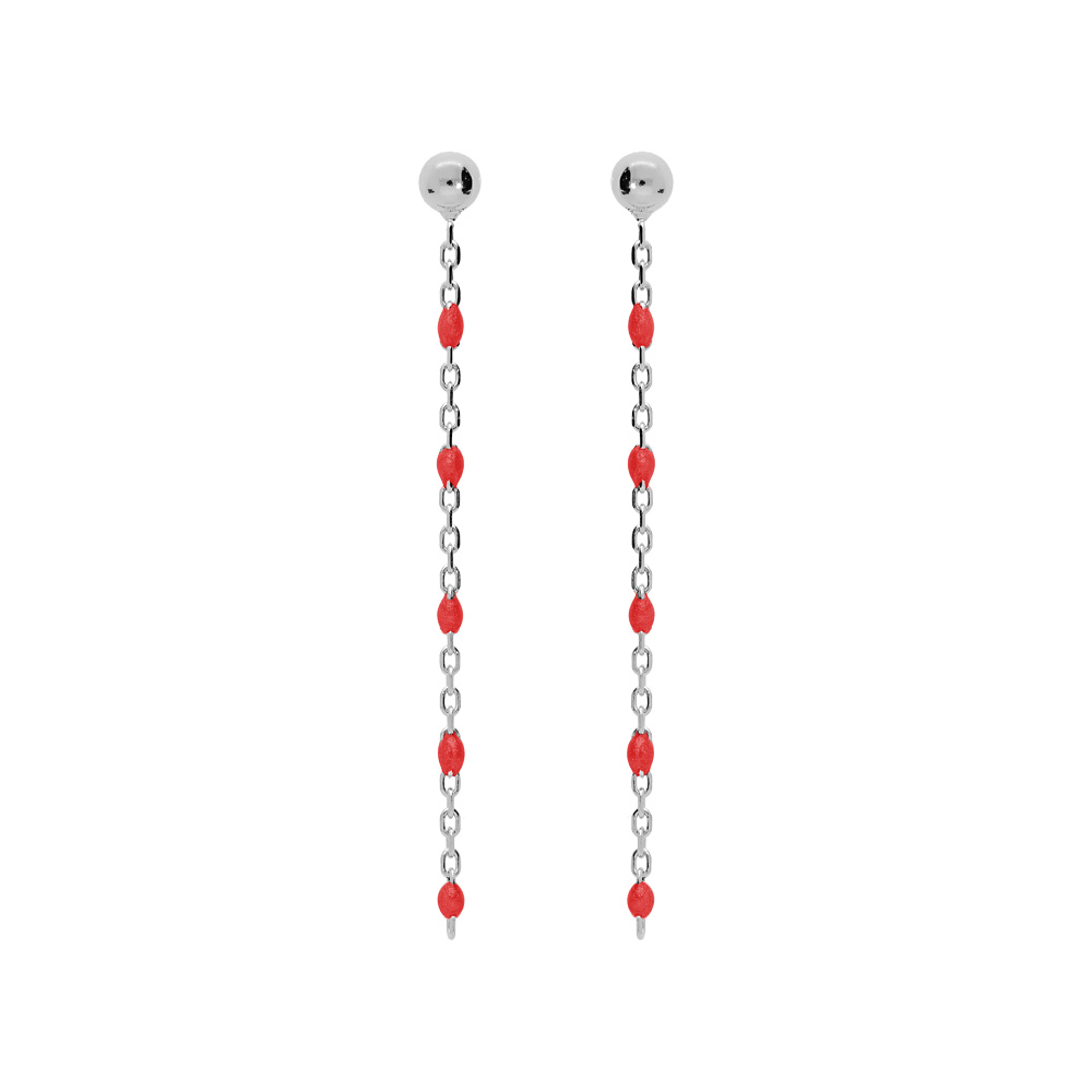 Boucles d'oreille en argent rhodié chaînette avec perles rouges et fermoir poussette