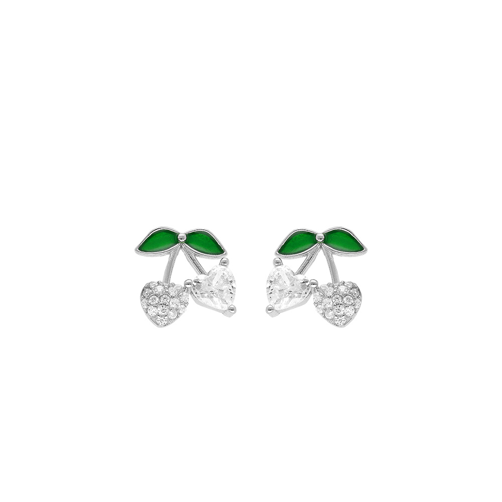 Boucles d'oreille tige argent rhodié cerise oxydes forme coeur blancs et verts