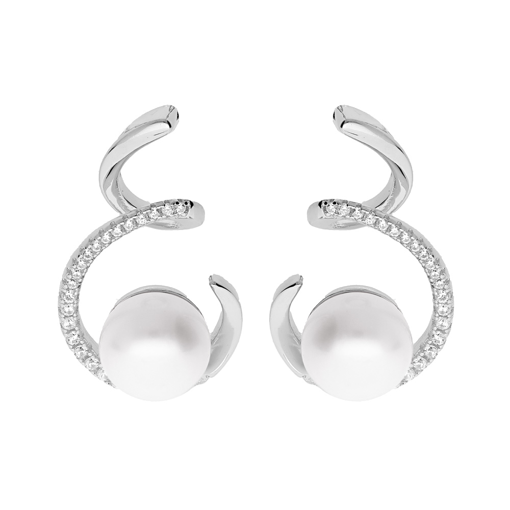 Boucles d'oreille en argent rhodié spirale avec Perle de culture d'eau douce blanche 8mm et oxydes blancs sertis et fermoir poussette