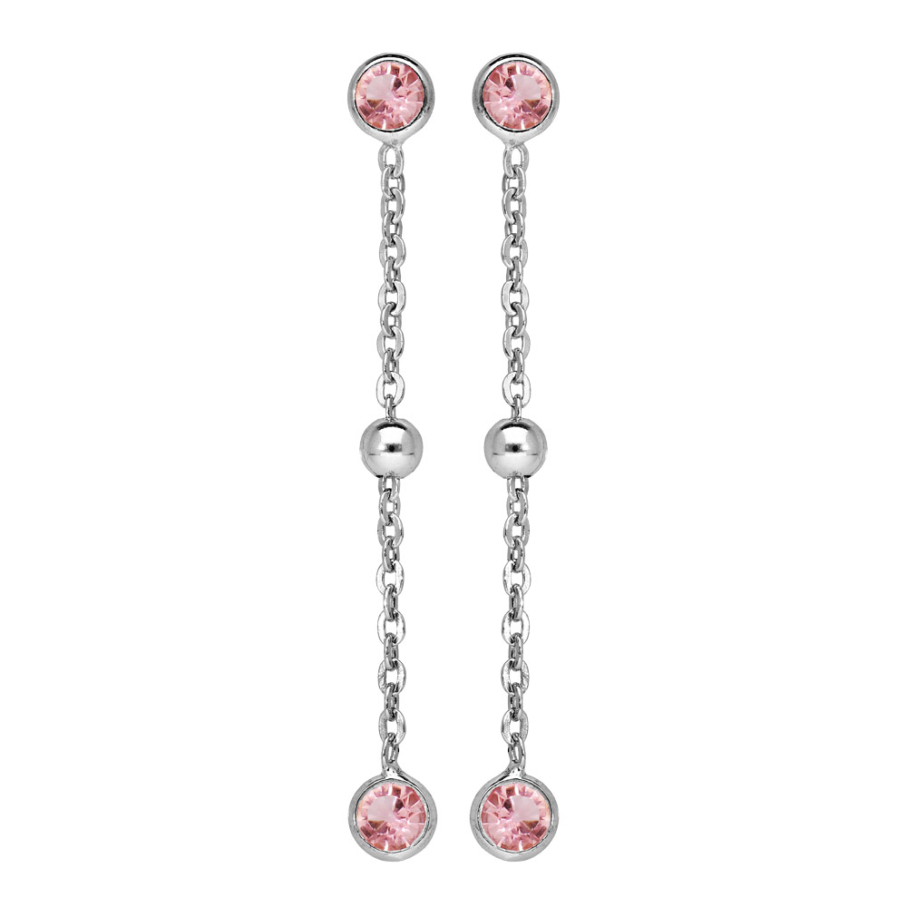 Boucles d'oreille pendantes en argent rhodié avec oxydes rose et boule lisse et fermoir poussette