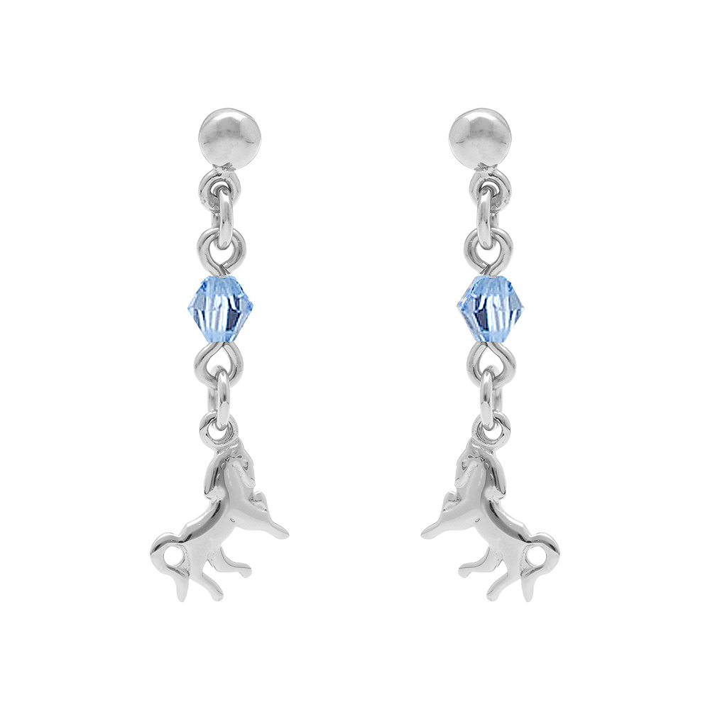 Boucles d'oreilles pendantes en argent rhodié chaînette longue avec oxyde bleu au milieu et cheval à l'extrémité et fermoir clou avec poussette