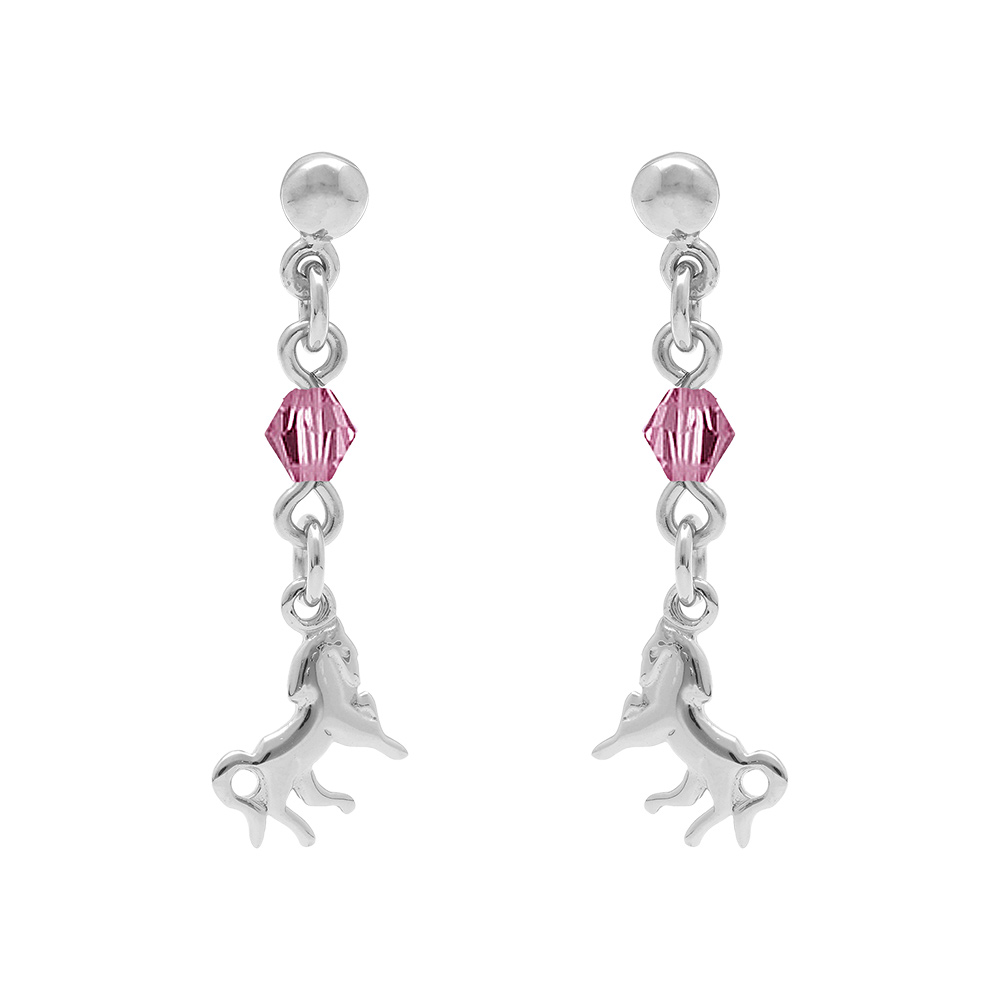 Boucles d'oreilles pendantes en argent rhodié chaînette longue avec oxyde rose au milieu et cheval à l'extrémité et fermoir clou avec poussette