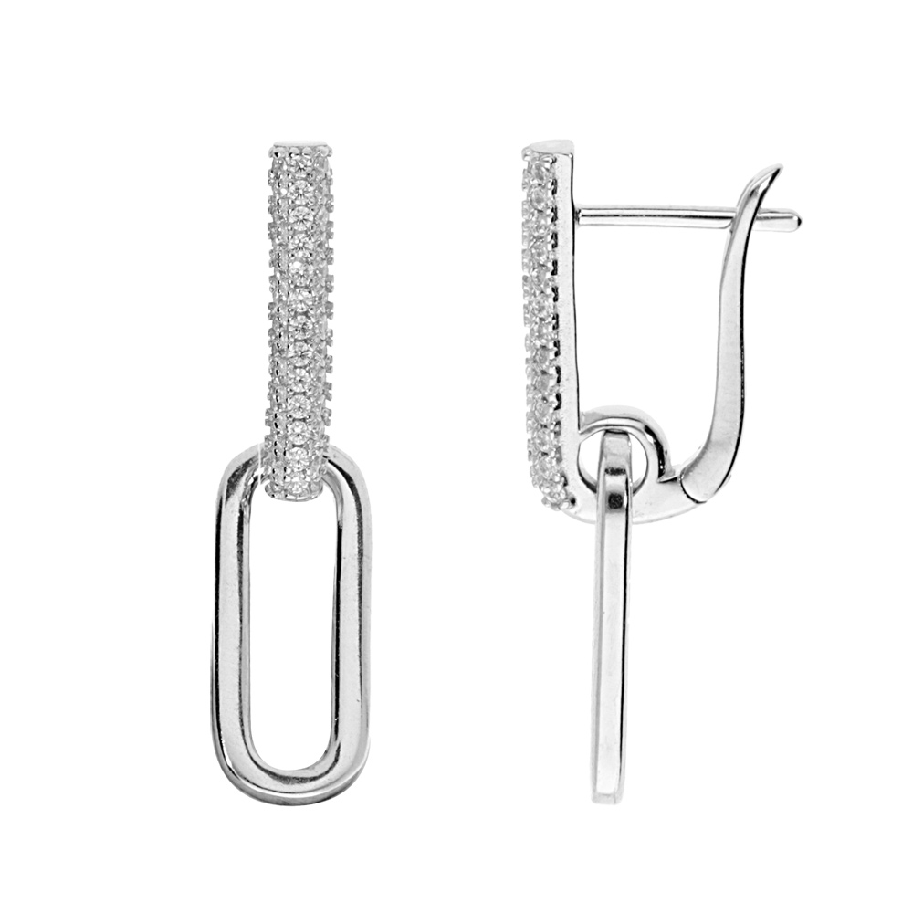 Boucles d'oreille en argent rhodié forme rectangulaire et oxydes blancs sertis
