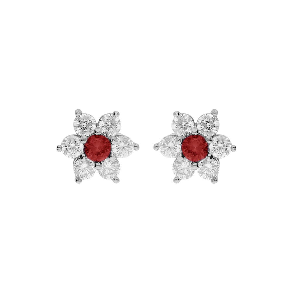 Boucles d'oreille tige en argent rhodié marguerite oxydes centre rouge et contour blancs sertis