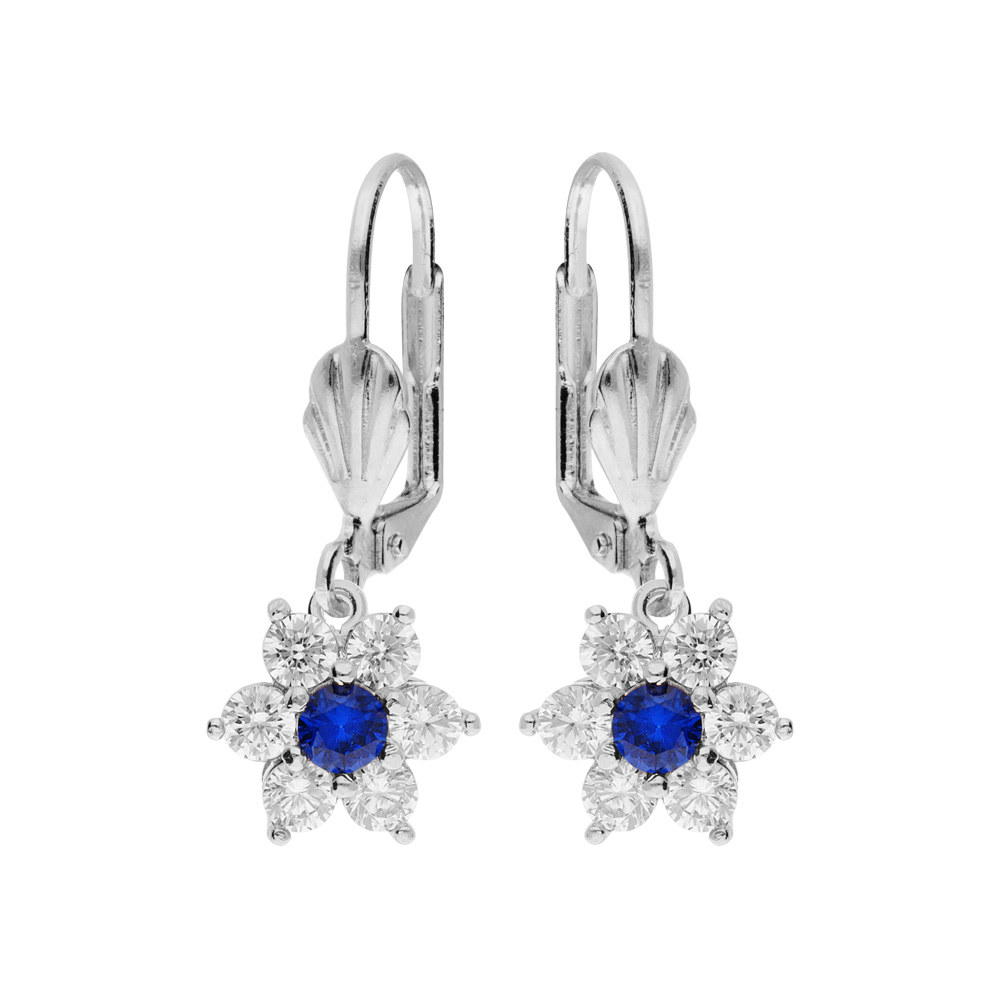 Boucles d'oreille dormeuse en argent rhodié marguerite oxydes centre bleu foncé et contour blancs sertis