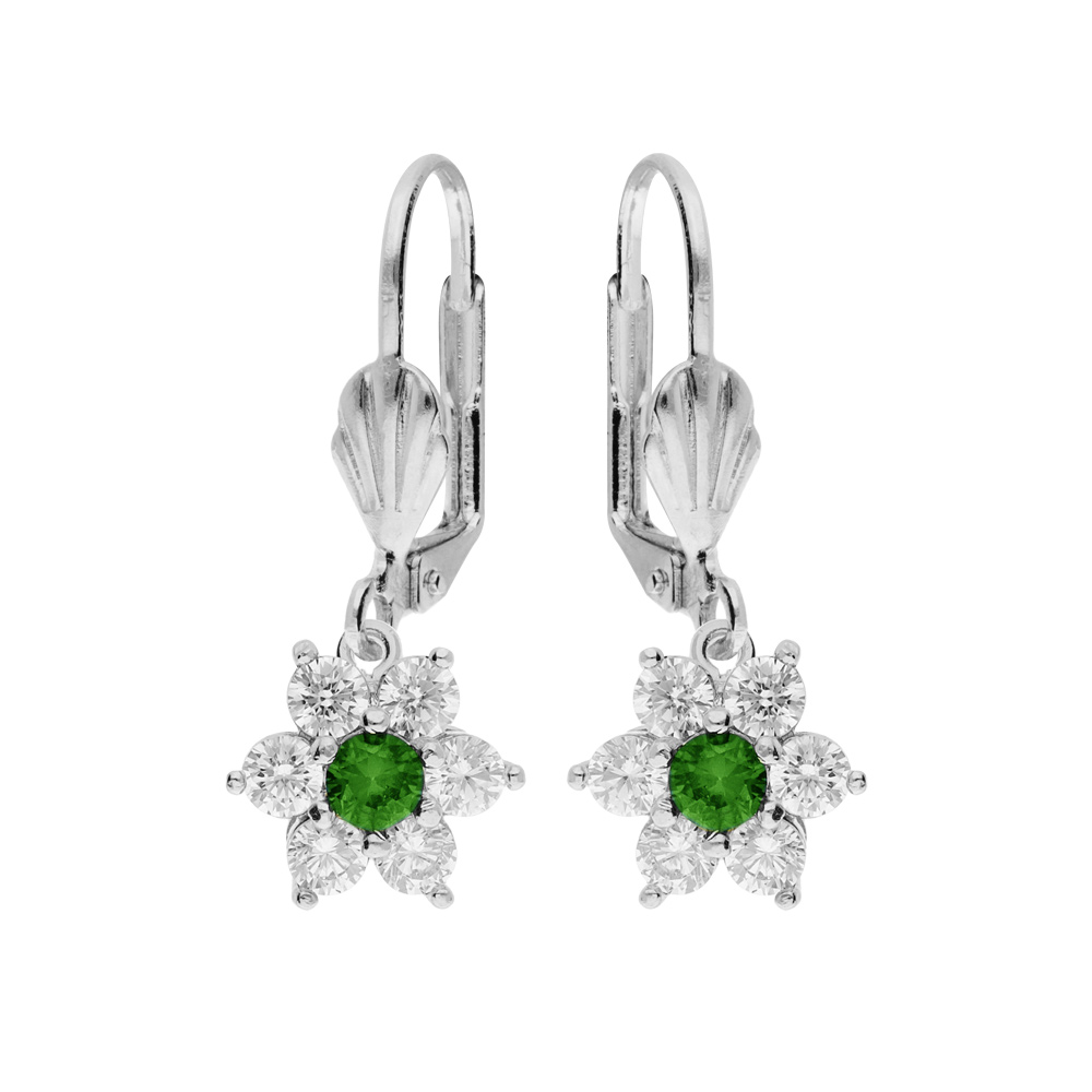 Boucles d'oreille dormeuse en argent rhodié marguerite oxydes centre vert et contour blancs sertis