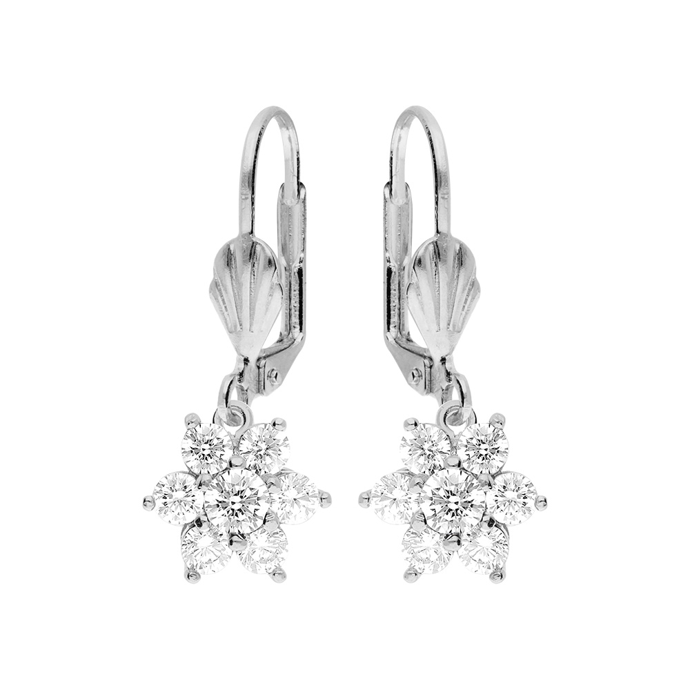 Boucles d'oreille feermoir dormeuse en argent rhodié marguerite oxydes blancs sertis