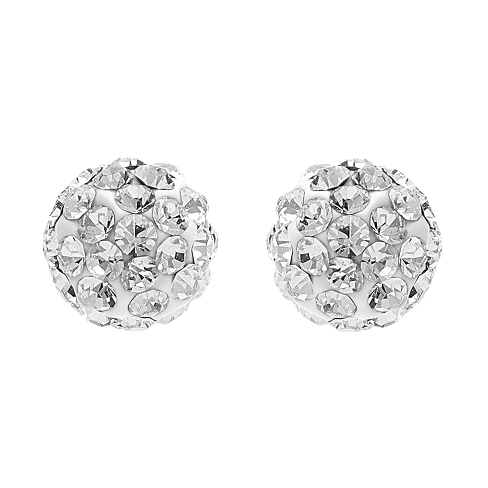 Boucles d'oreilles en argent rhodié petite boule de résine et strass blancs fermoir poussette