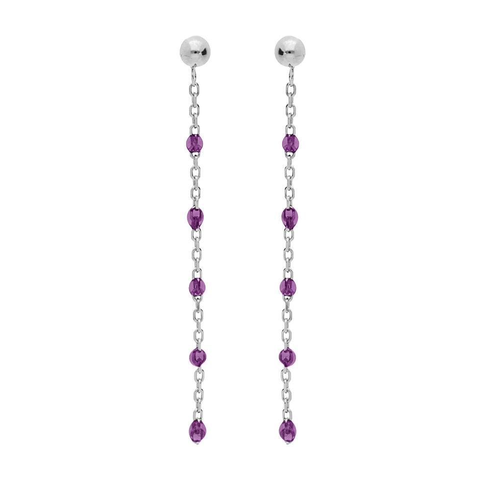 Boucles d'oreille en argent rhodié chaînette avec olives couleur violet transparent et fermoir poussette
