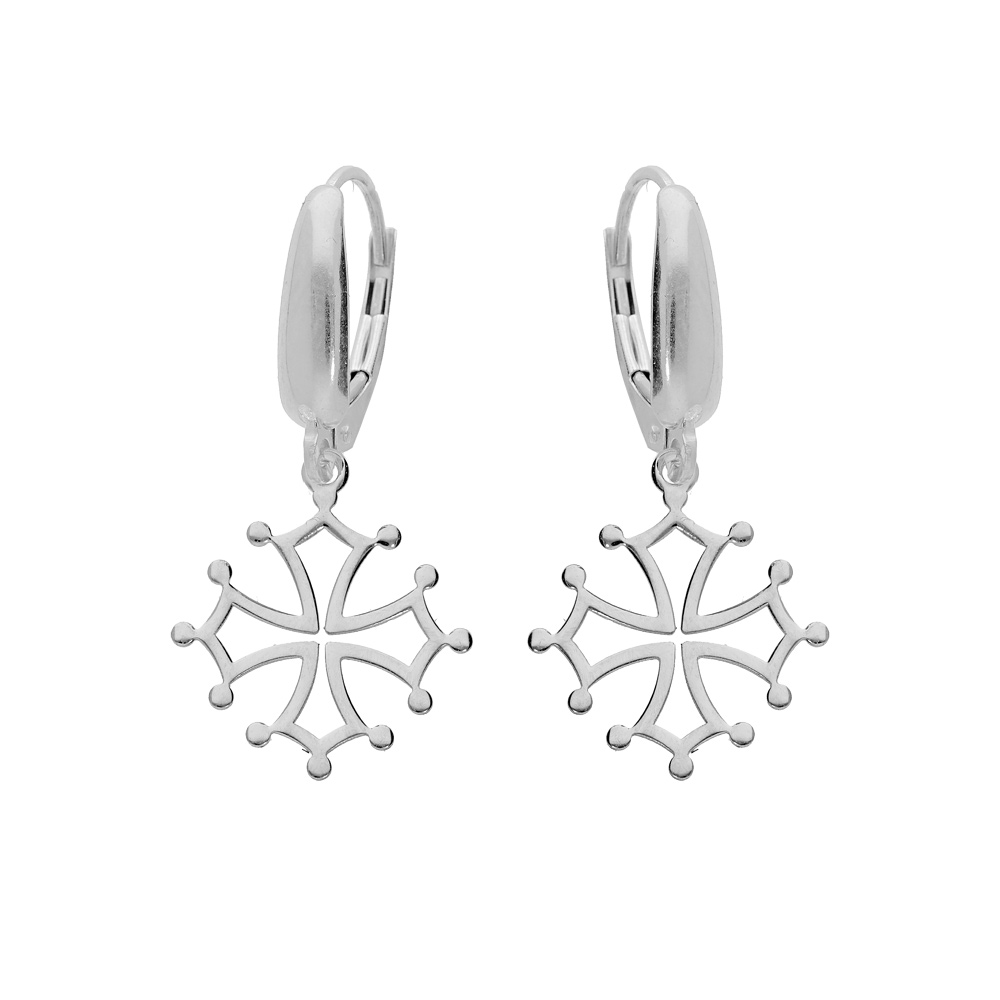 Boucles d'oreille en argent rhodié croix Occitane et fermoir dormeuse