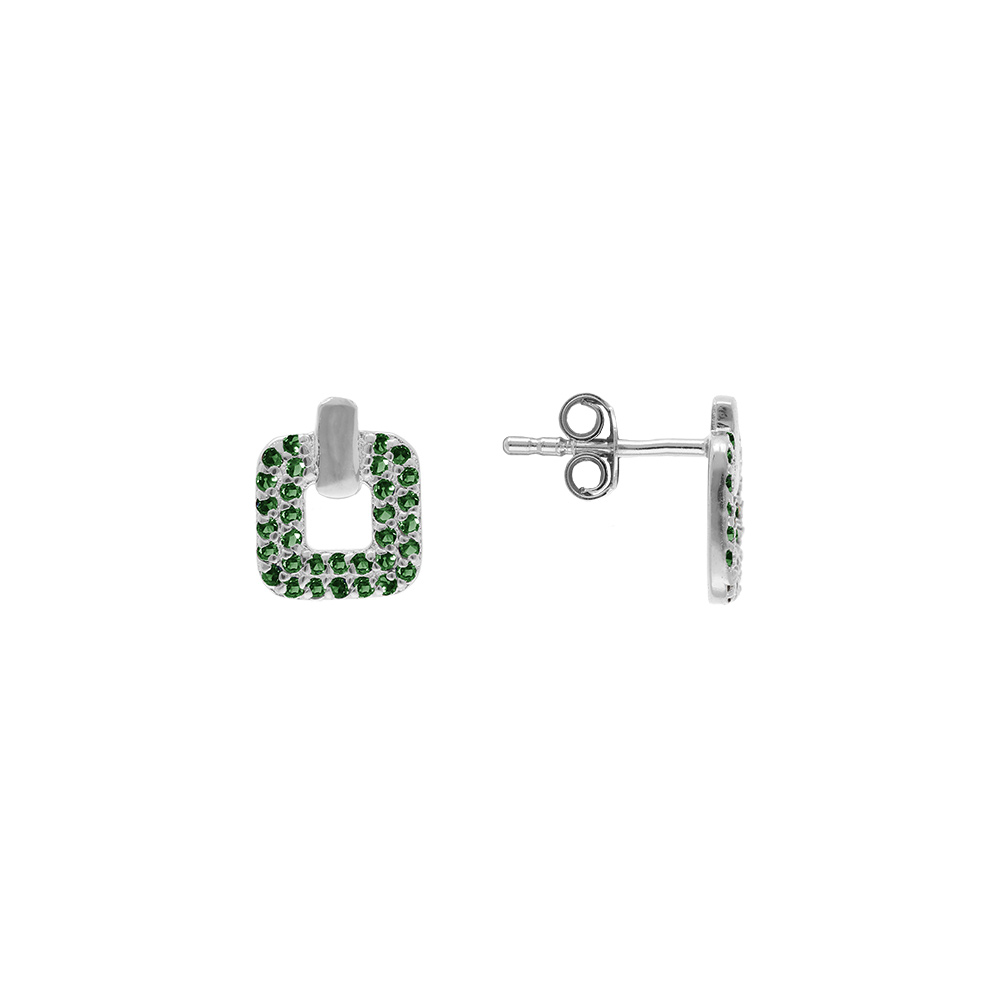 Boucles d'oreille tige en argent rhodié carré avec oxydes verts sertis