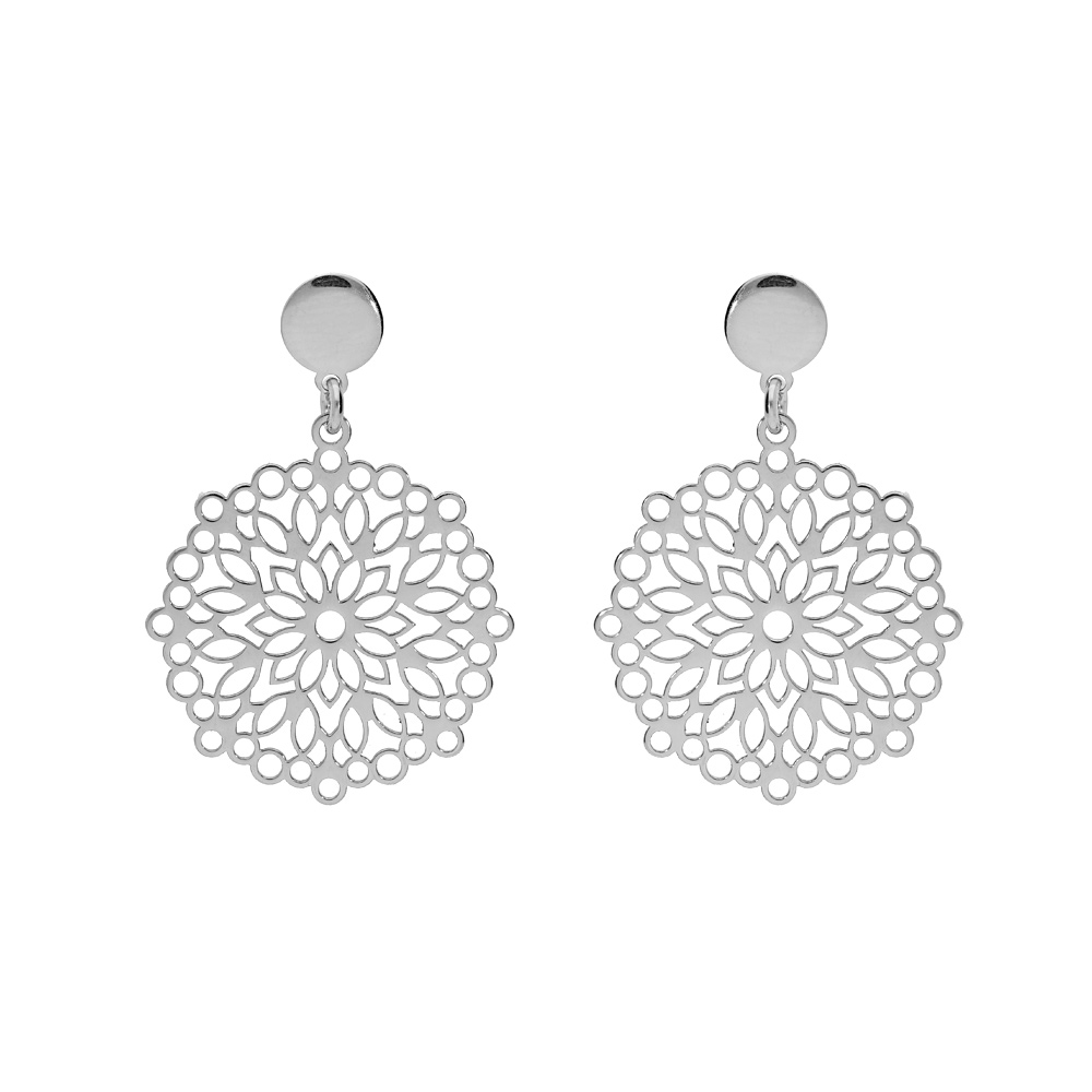Boucles d'oreille en argent rhodié mandala suspendu 23mm et fermoir poussette