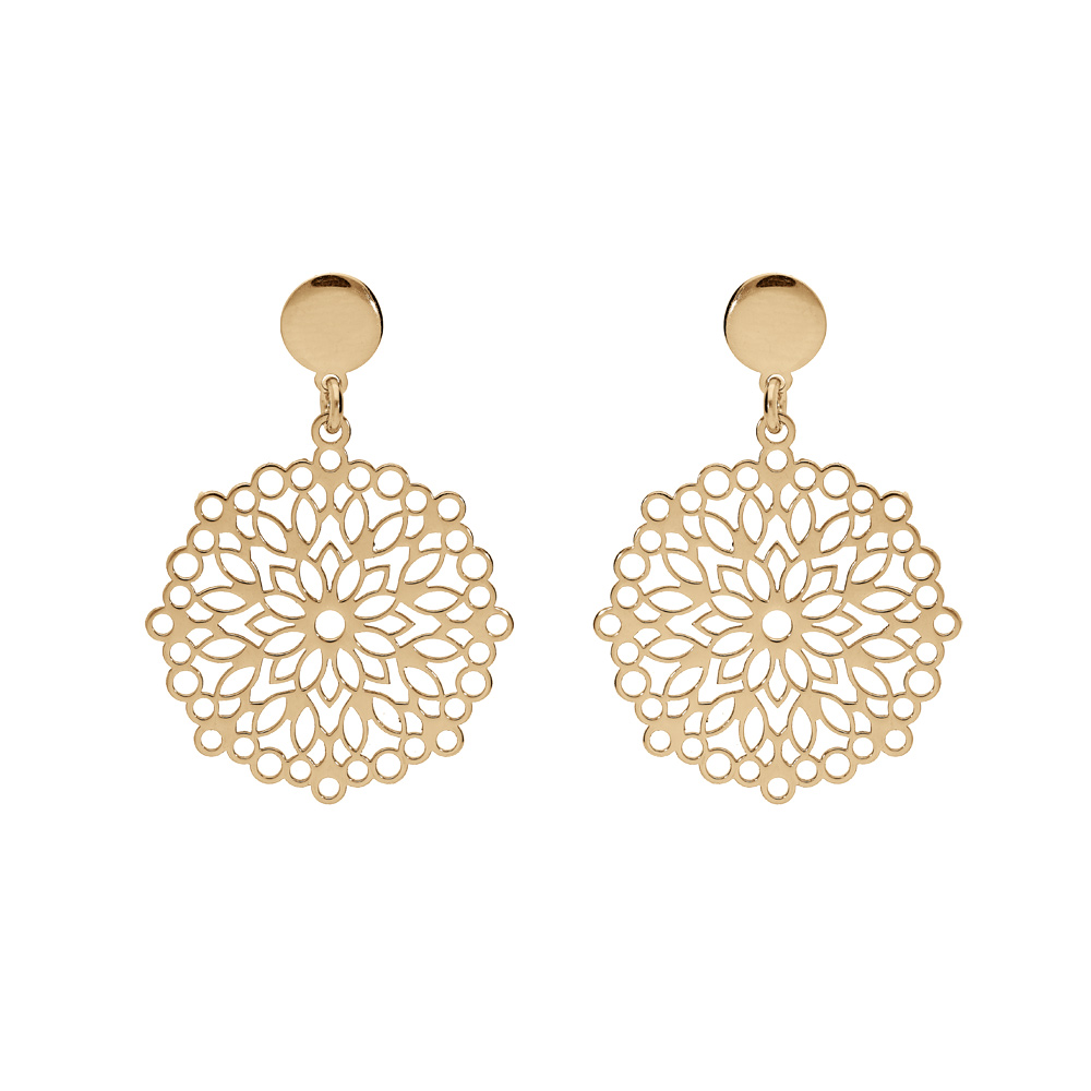 Boucles d'oreille en argent et dorure jaune mandala suspendu 23mm et fermoir poussette