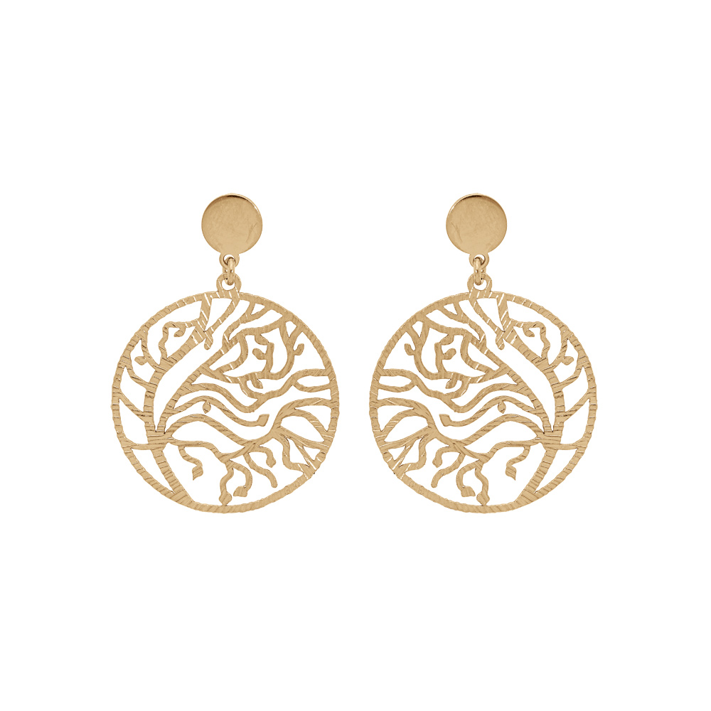Boucles d'oreille en argent et dorure jaune anneau suspendu ajourée 23mm motif végétal et fermoir poussette