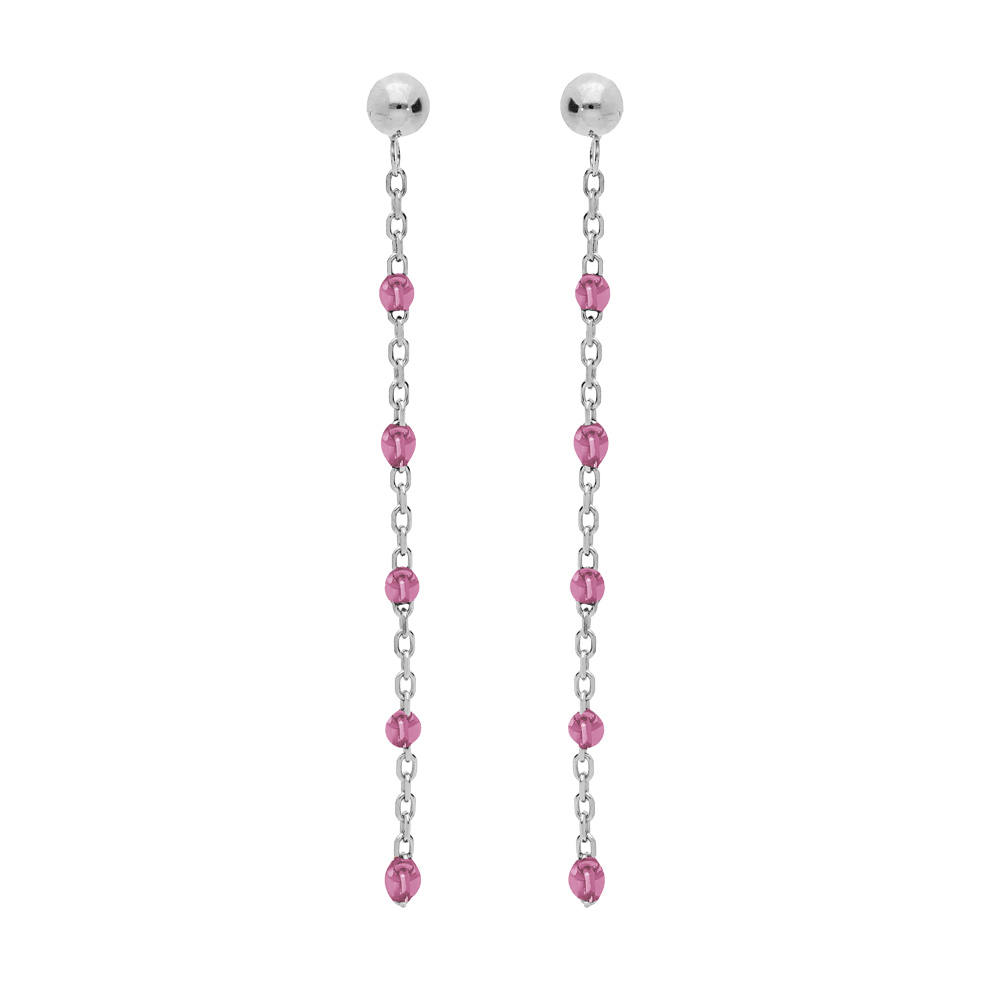Boucles d'oreille en argent rhodié chaînette avec olives couleur framboise transparent et fermoir poussette