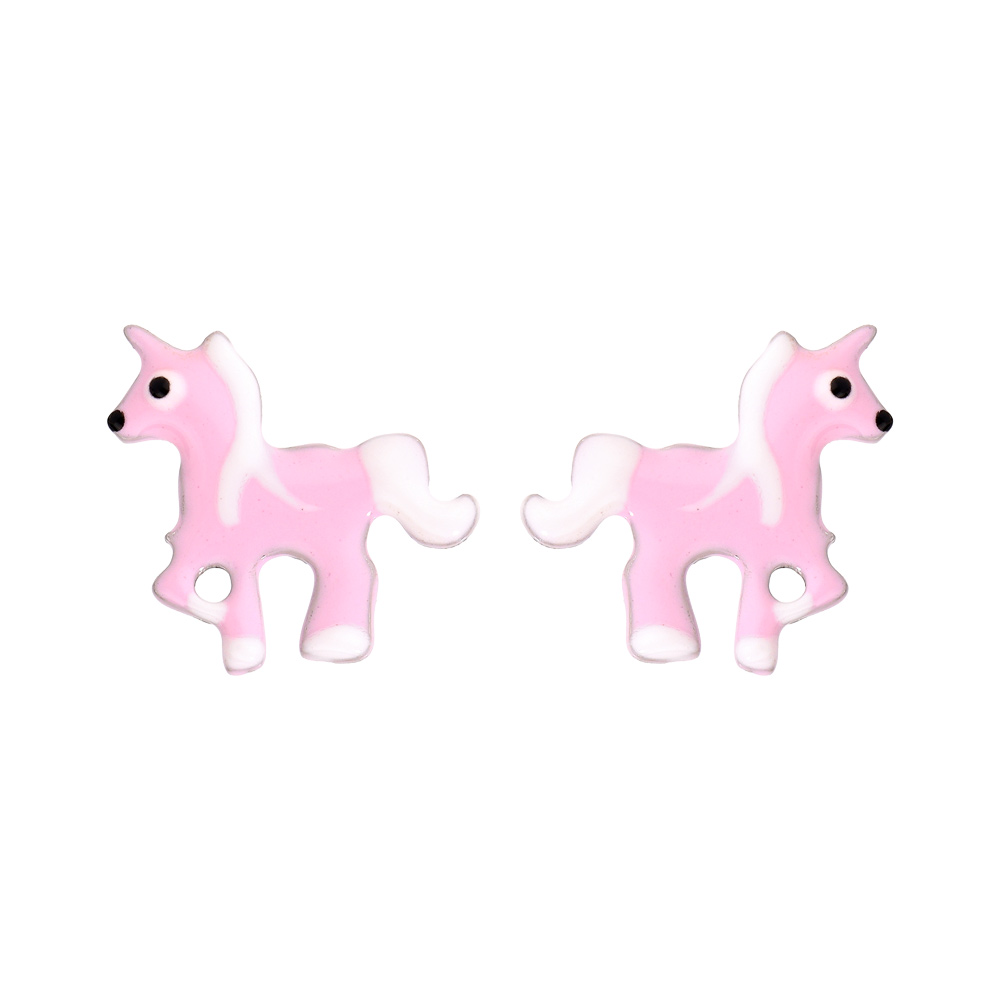 Boucles d'oreille pour enfant en argent rhodié licorne rose et fermoir poussette