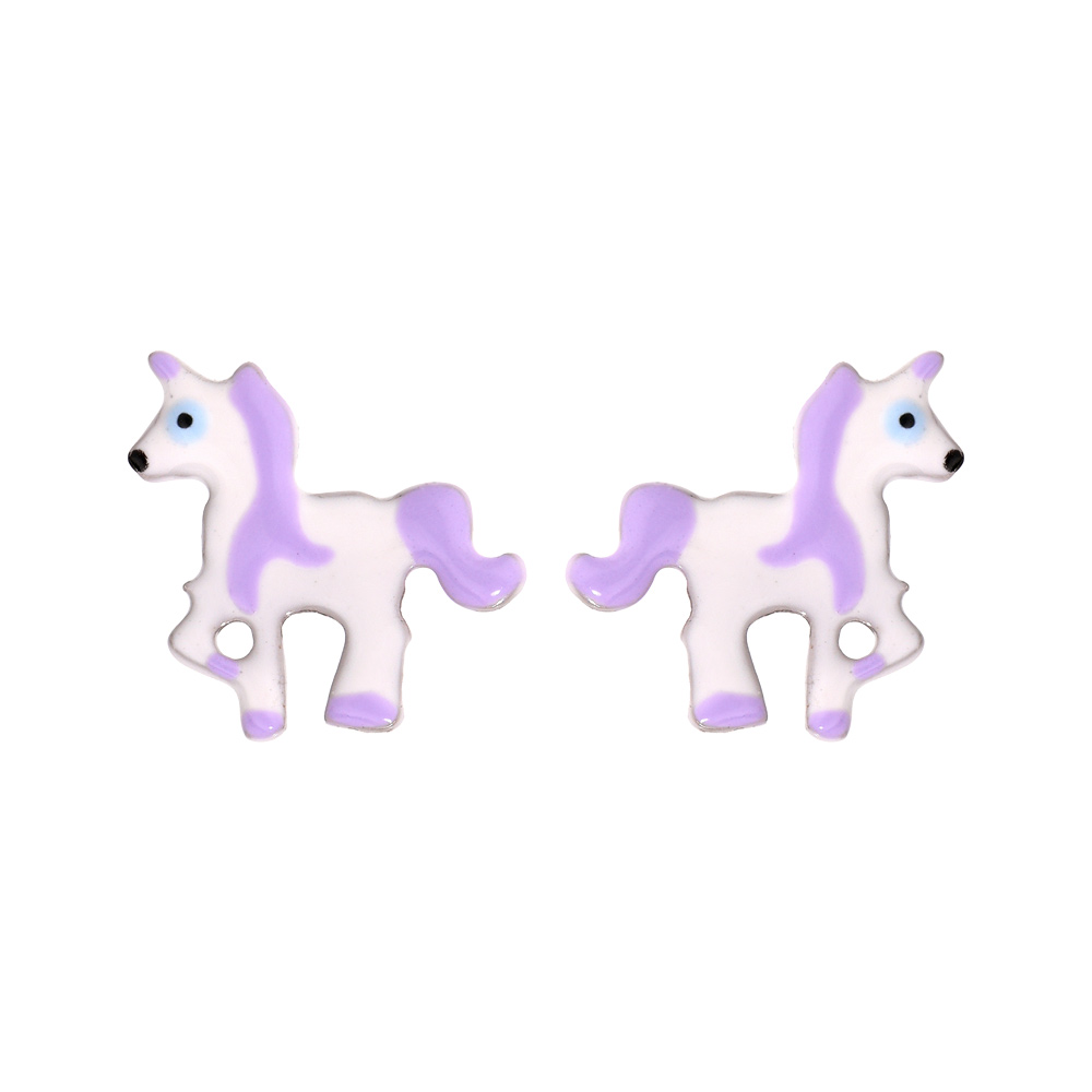Boucles d'oreille pour enfant en argent rhodié licorne blanche et violette et fermoir poussette