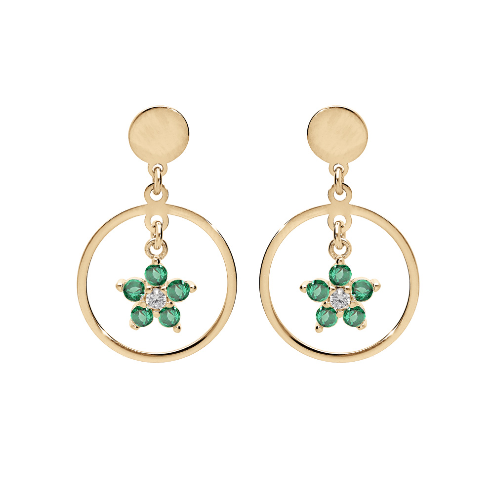 Boucles d'oreille en argent et dorure jaune anneau suspendu avec étoile oxydes vert et fermoir poussette