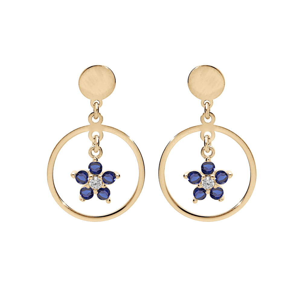 Boucles d'oreille en argent et dorure jaune anneau suspendu avec étoile oxydes bleu et fermoir poussette