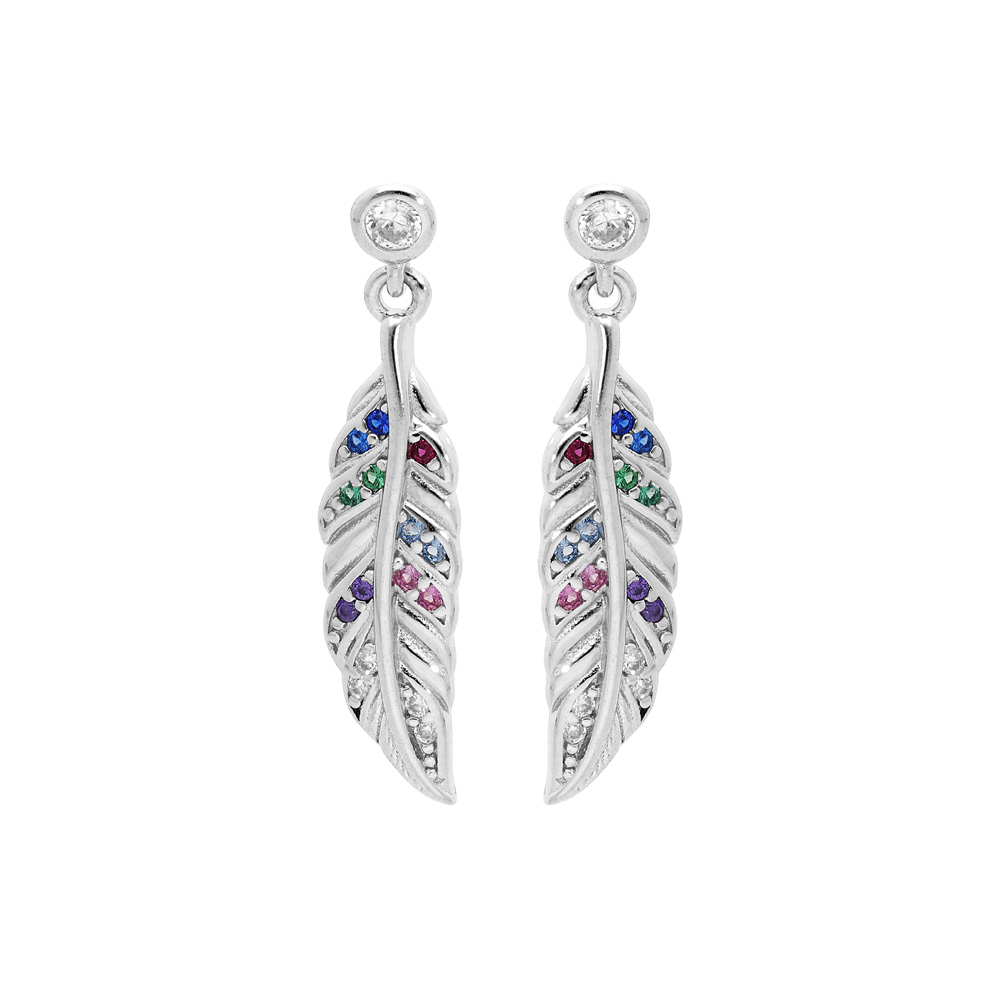 Boucles d'oreille en argent rhodié pendante avec plume et oxydes multi couleurs et fermoir poussette