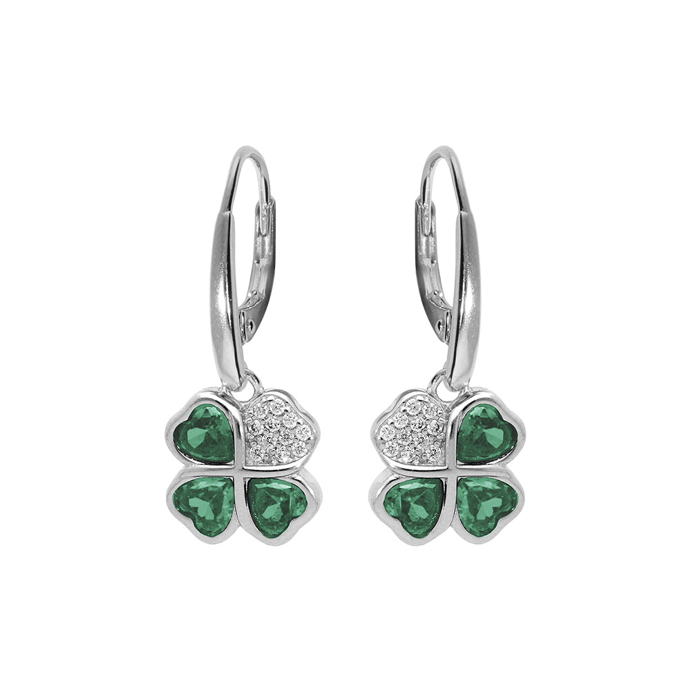 Boucles d'oreille en argent rhodié trèfle et coeur avec oxydes verts et fermoir dormeuse
