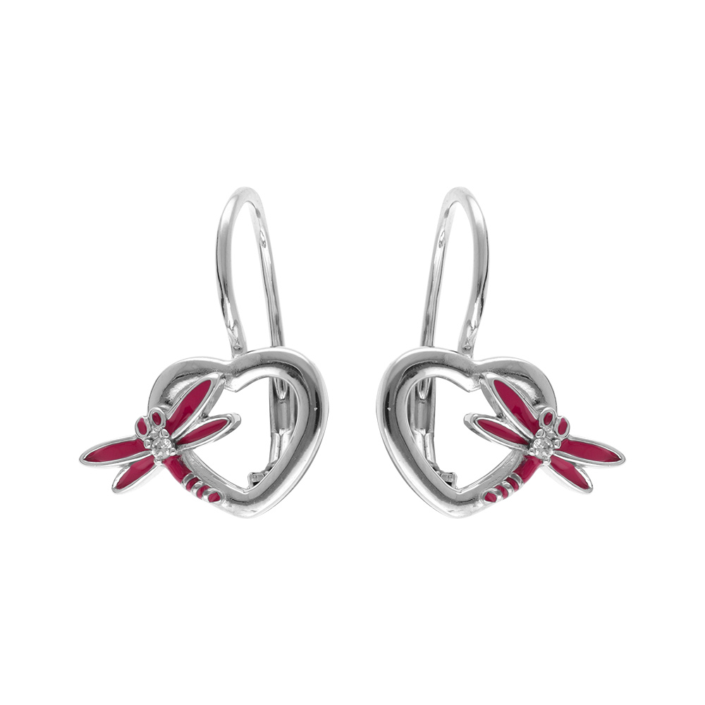Boucles d'oreille en argent rhodié libelulle avec résine rose et fermoir dormeuse