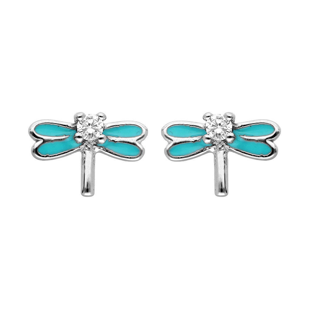 Boucles d'oreille en argent rhodié libellule turquoise et oxydes blancs sertis et fermoir poussette