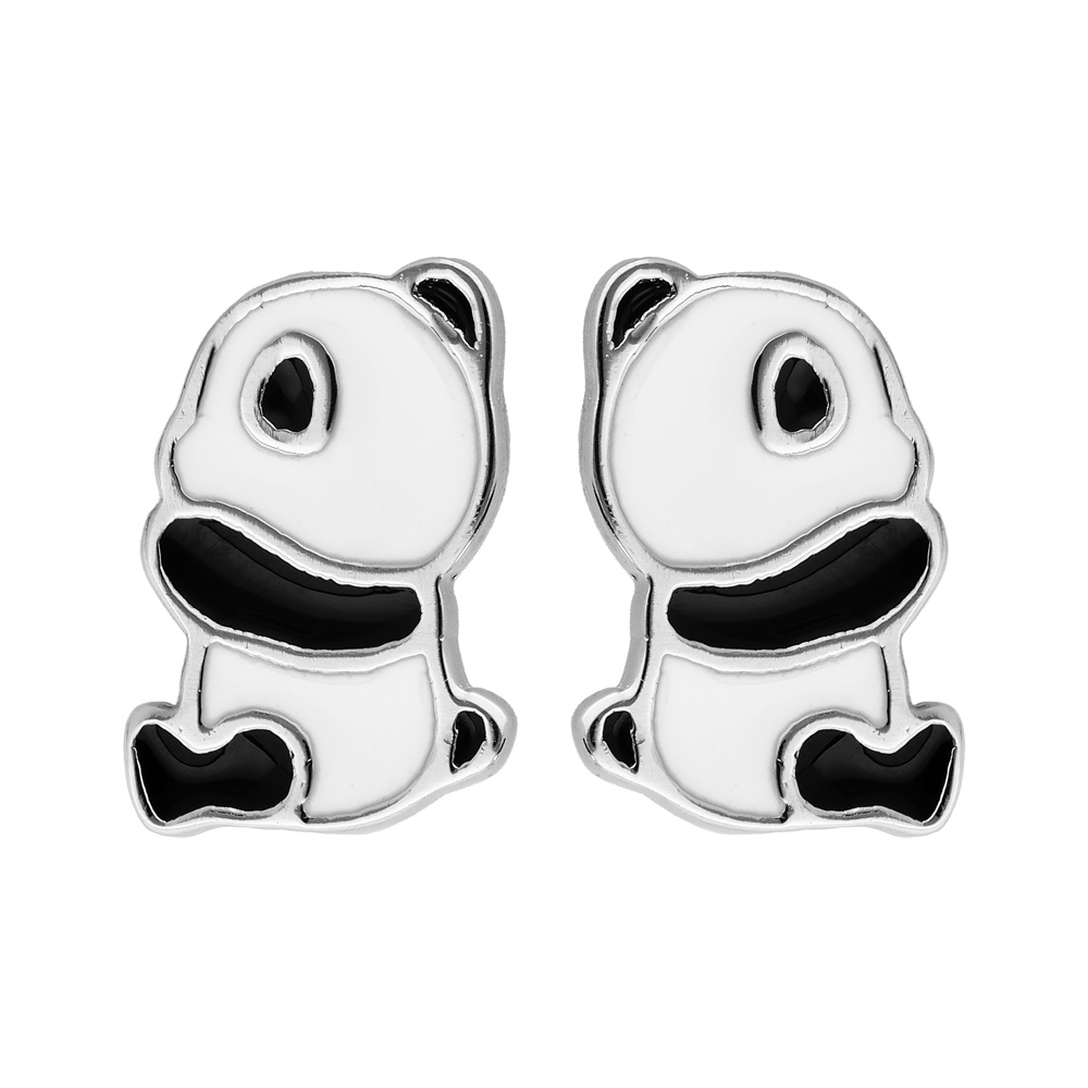 Boucles d'oreille pour enfant en argent rhodié panda noir et blanc et fermoir poussette