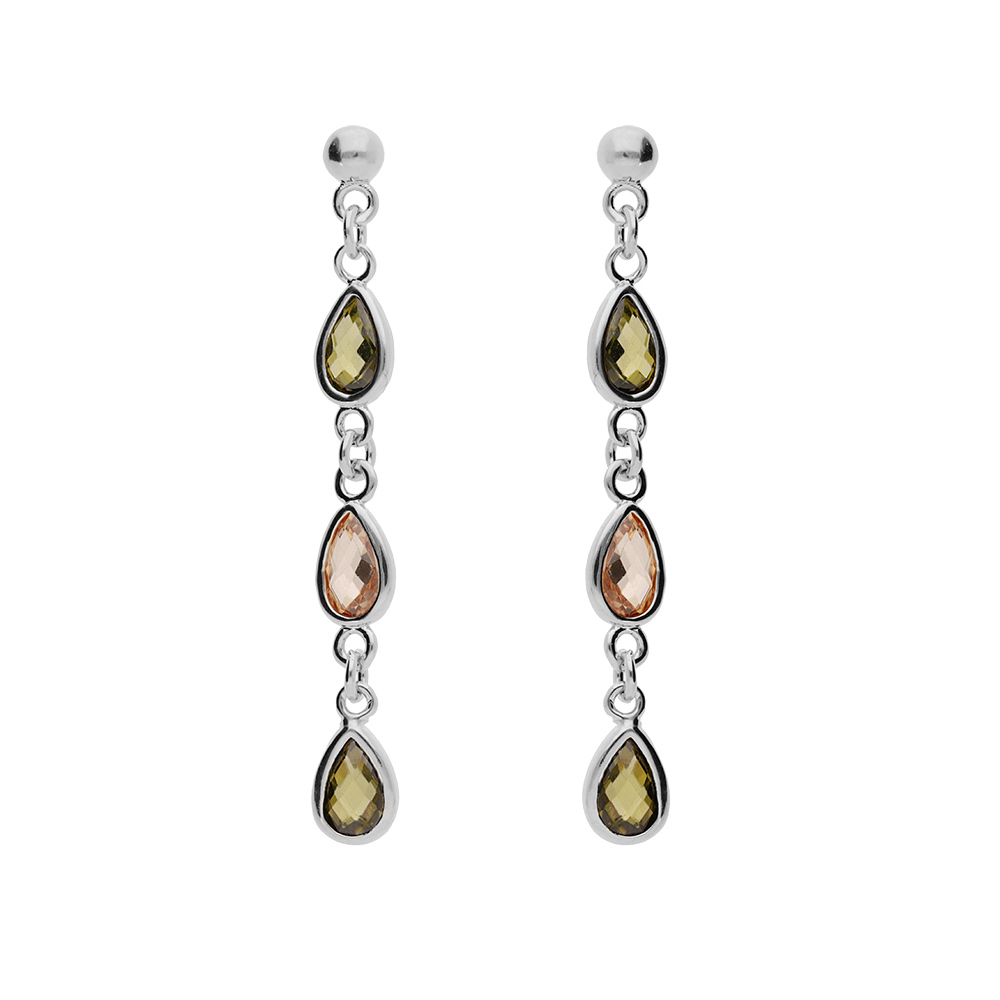 Boucles d'oreille en argent rhodié massif pendantes avec gouttes d'oxydes verts et orangés et fermoir poussette