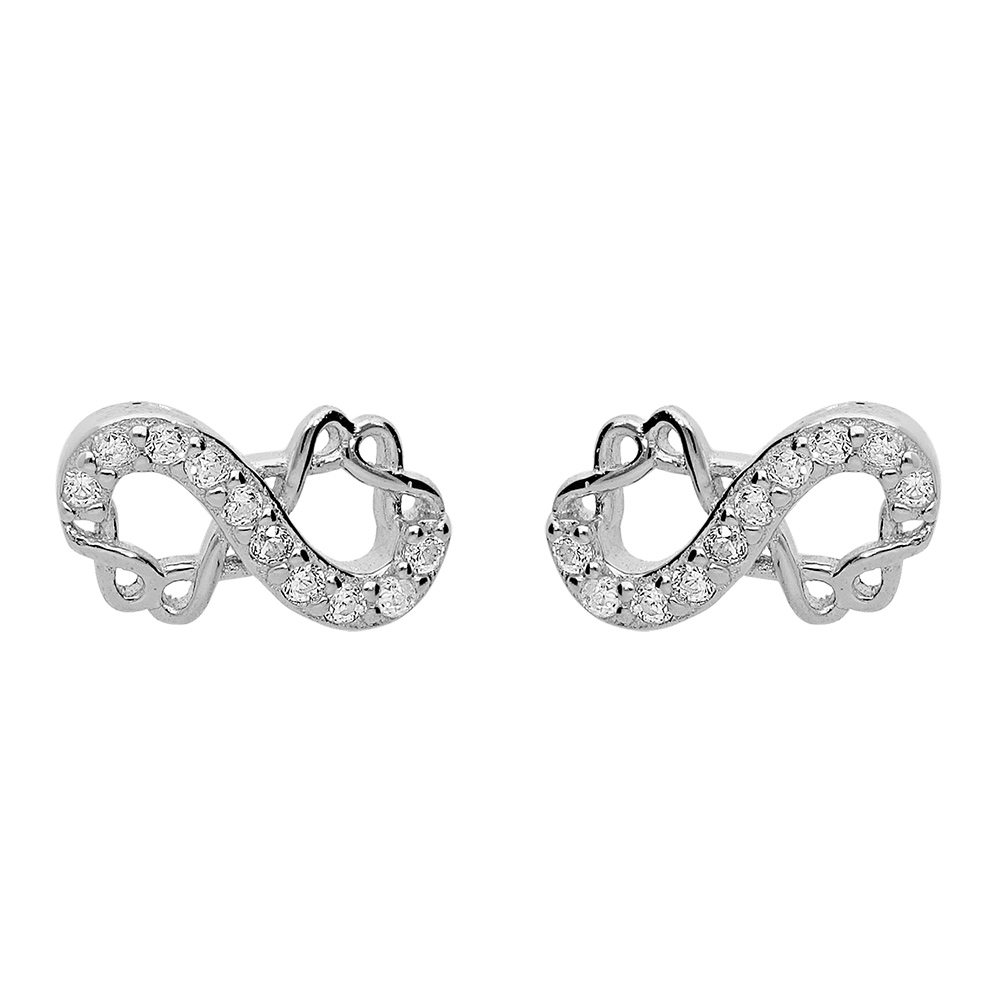 Boucles d'oreille en argent rhodié motif infini 8mm avec oxydes blancs sertis et fermoir poussette