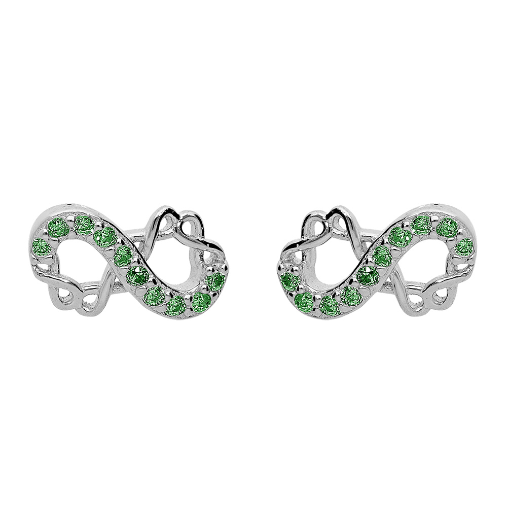 Boucles d'oreille en argent rhodié infini 8mm avec oxydes verts et fermoir poussette