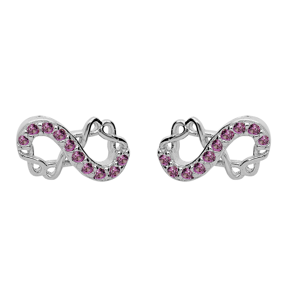 Boucles d'oreille en argent rhodié infini 8mm avec oxydes rose et fermoir pousette