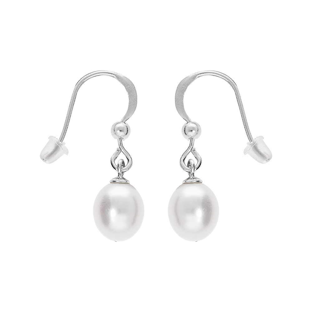 Boucles d'oreille en argent rhodié avec Perle de culture d'eau douce goutte blanche 8mm suspendue et fermoir crochet