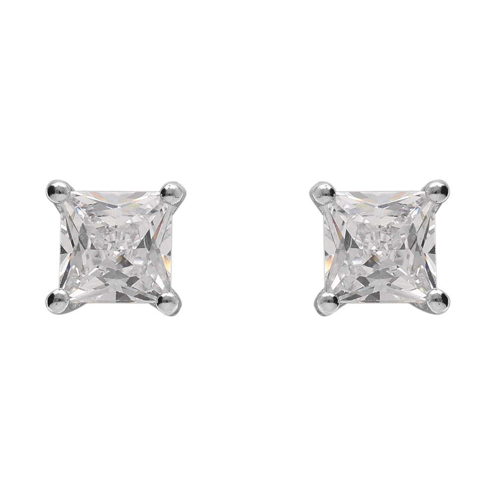 Boucles d'oreille tige solitaire en argent rhodié pierre blanche carrée 4mm serti 4 griffes