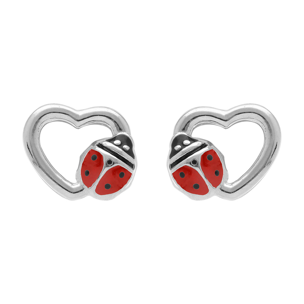 Boucles d'oreille en argent rhodié coeur avec coccinelle et fermoir poussette
