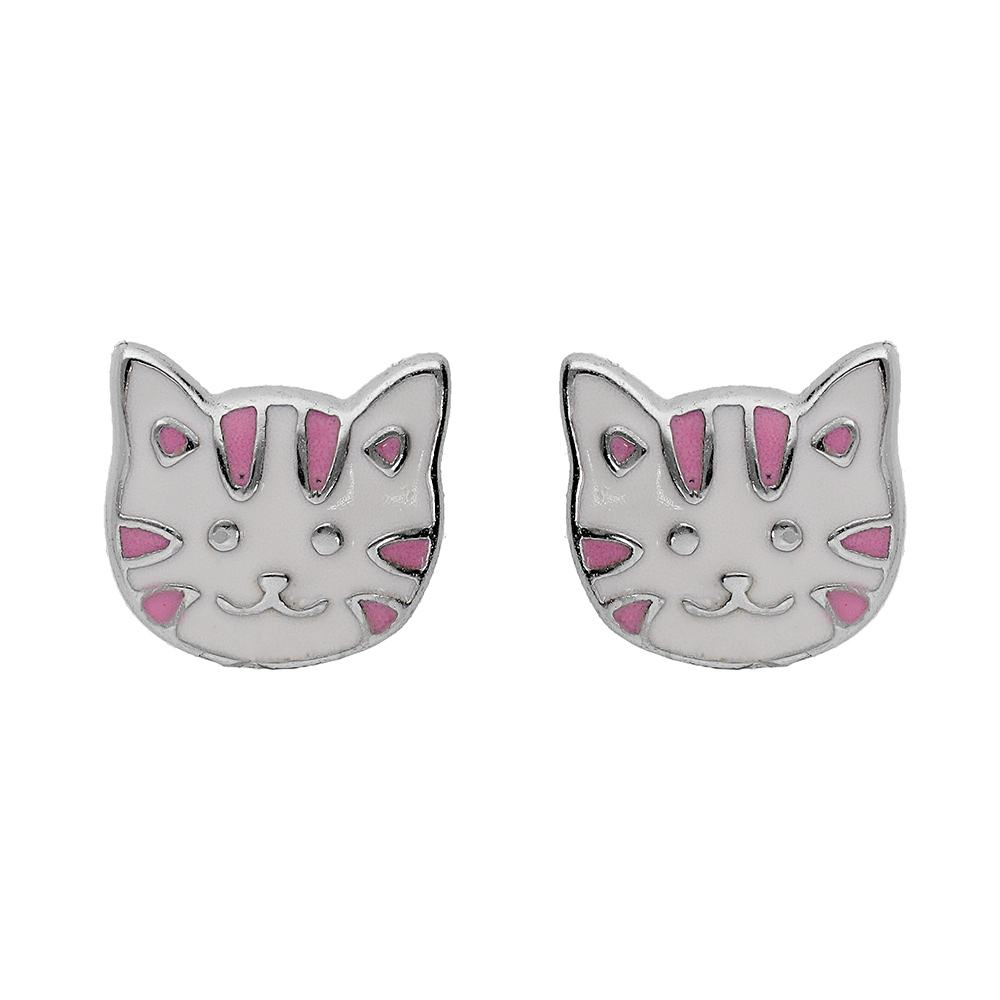 Boucles d'oreille en argent rhodié enfant tête de chat blanche et rose avec fermoir poussette