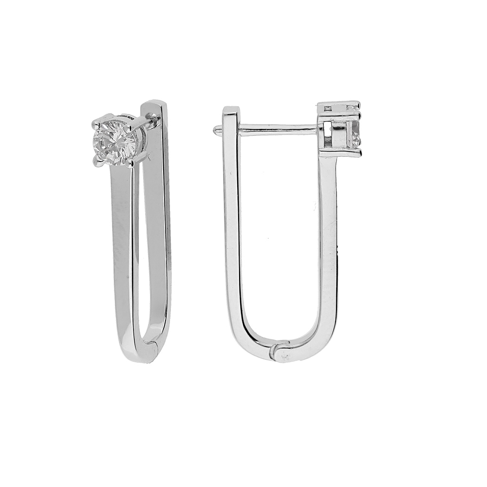Boucles d'oreille en argent rhodié rectangulaire avec 1 oxyde blanc serti