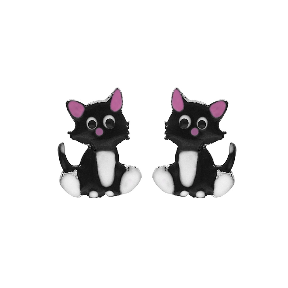 Boucles d'oreille pour enfant en argent rhodié chat noir et rose et fermoir poussette