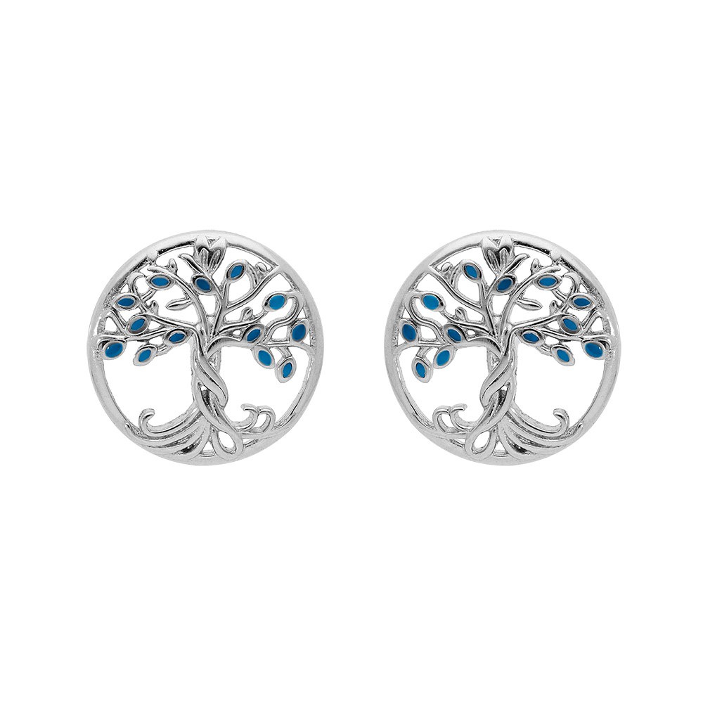 Boucles d'oreille en argent rhodié arbre de vie de couleur bleu et fermoir poussette