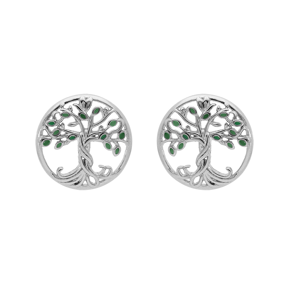 Boucles d'oreille en argent rhodié arbre de vie de couleur verte et fermoir poussette