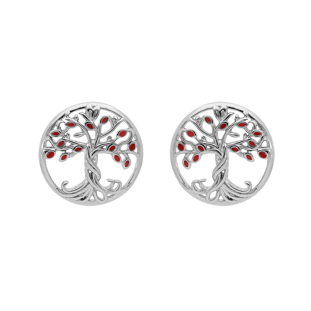 Boucles d'oreille en argent rhodié arbre de vie de couleur rouge et fermoir poussette
