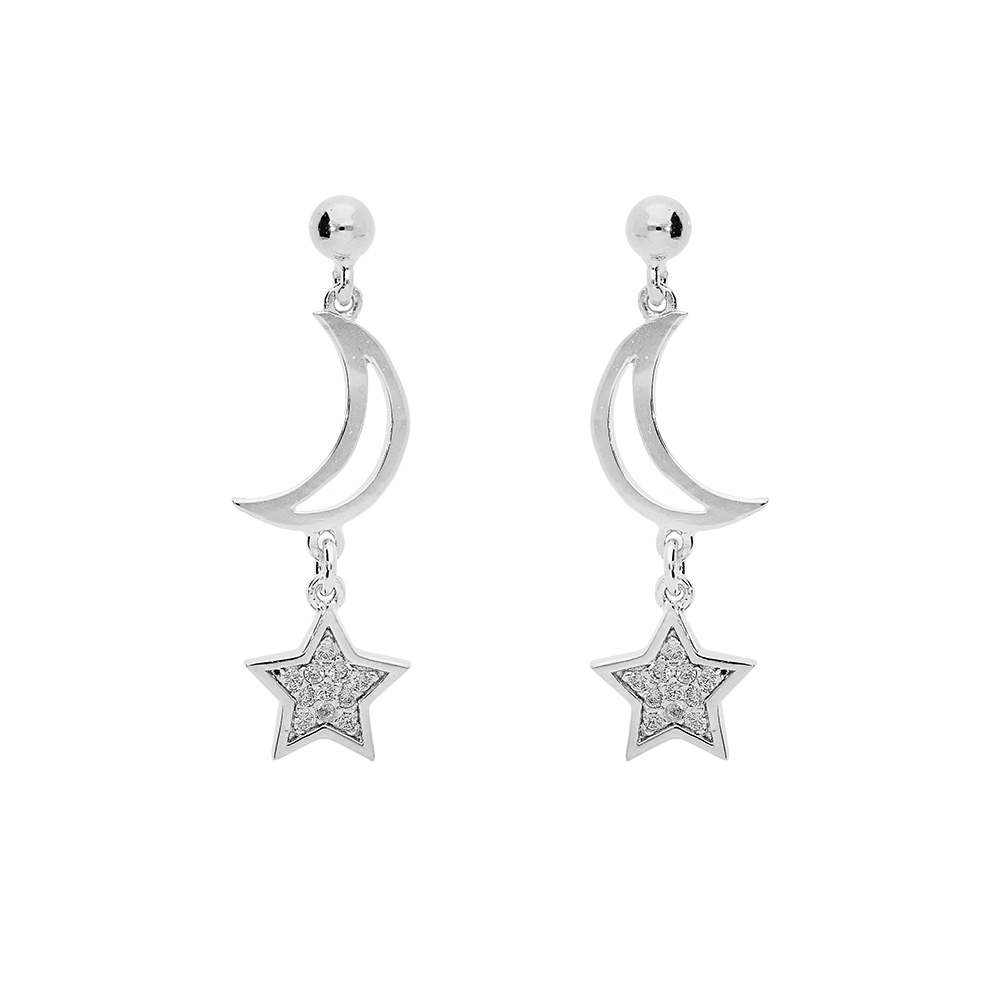 Boucles d'oreille en argent platiné lunes et étoiles avec oxydes blancs sertis suspendues et fermoir poussette
