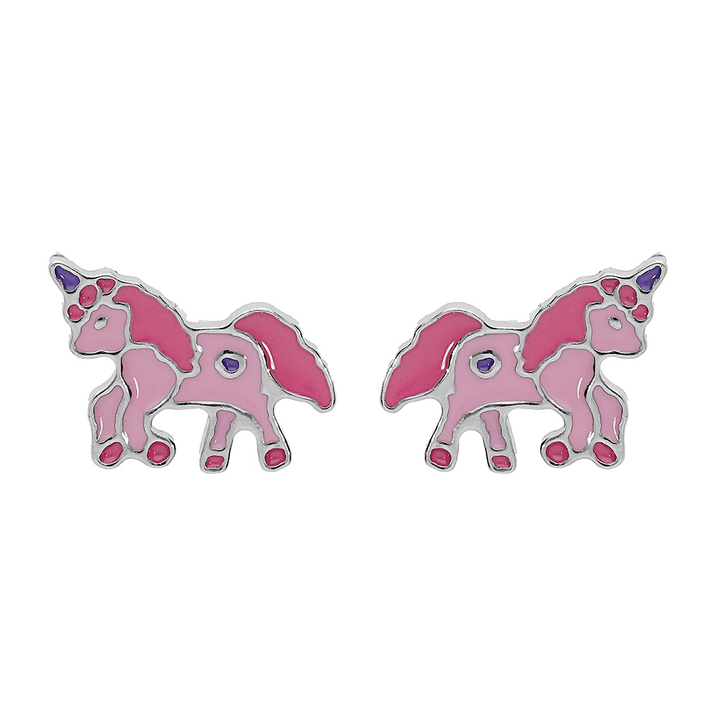 Boucles d'oreille enfant en argent rhodié licorne rose et fermoir poussette