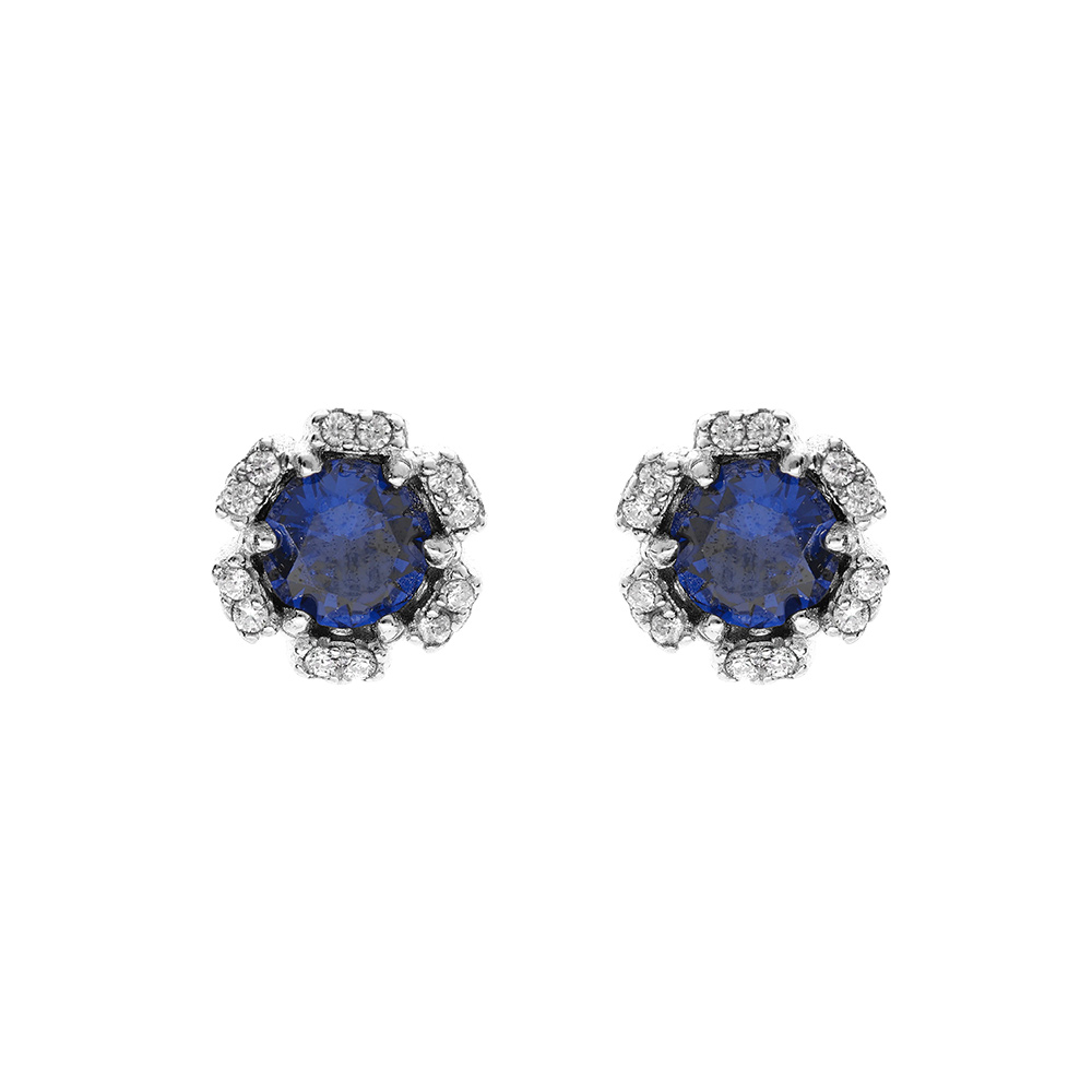 Boucles d'oreille en argent rhodié forme fleur avec oxydes couleur bleu foncé et blancs sertis fermoir poussette